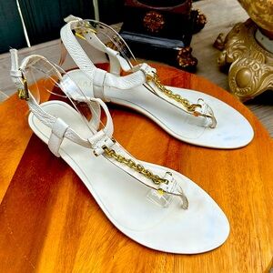 Lauren by Ralph Lauren Trisha White Leather Front Chain Sandals White 10